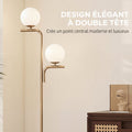 Lampadaire sur Pied Salon à Double Tête, Lampe sur Pied avec 3 Températures de Lumière, Abat-Jour en Verre, Doré