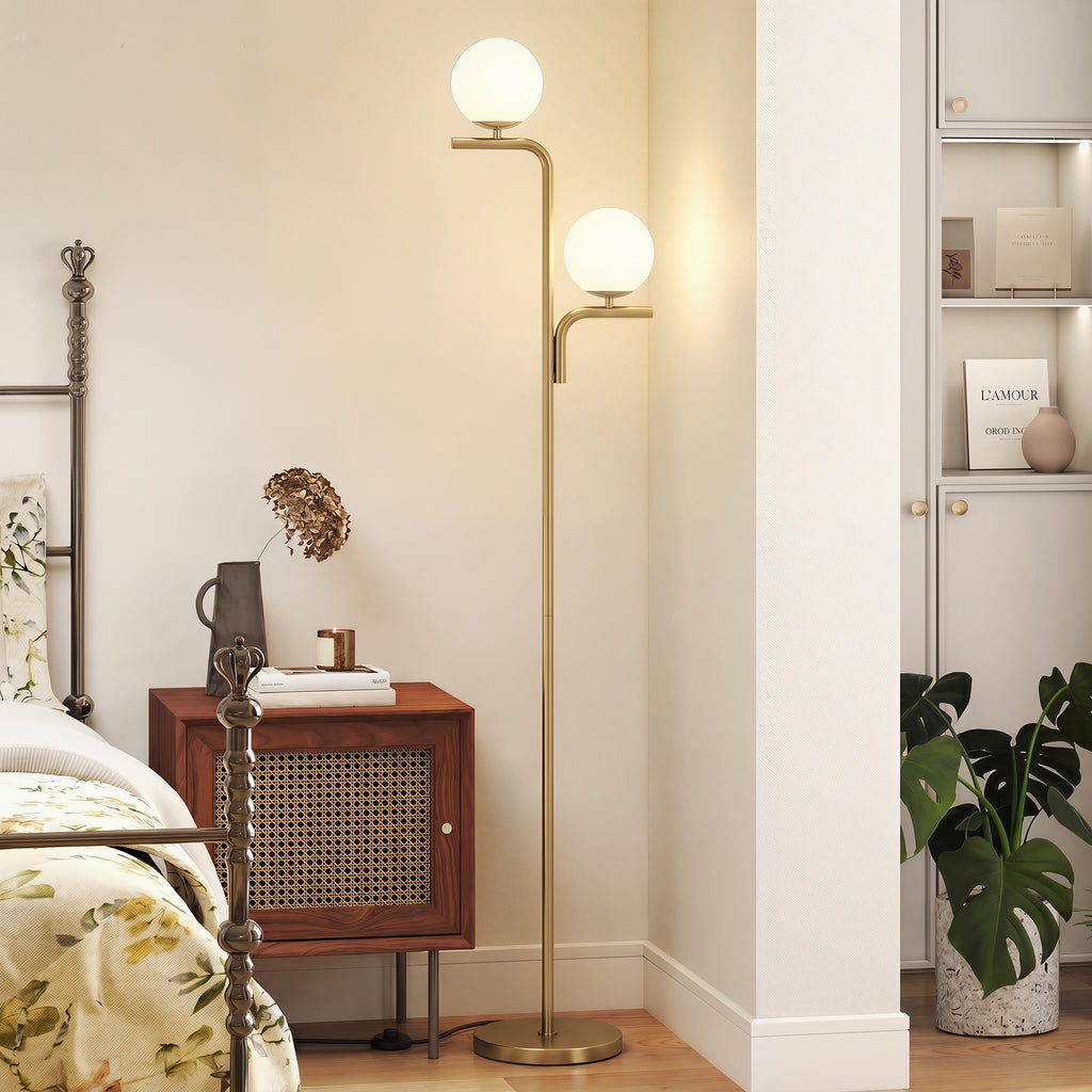 Lampadaire sur Pied Salon à Double Tête, Lampe sur Pied avec 3 Températures de Lumière, Abat-Jour en Verre, Doré