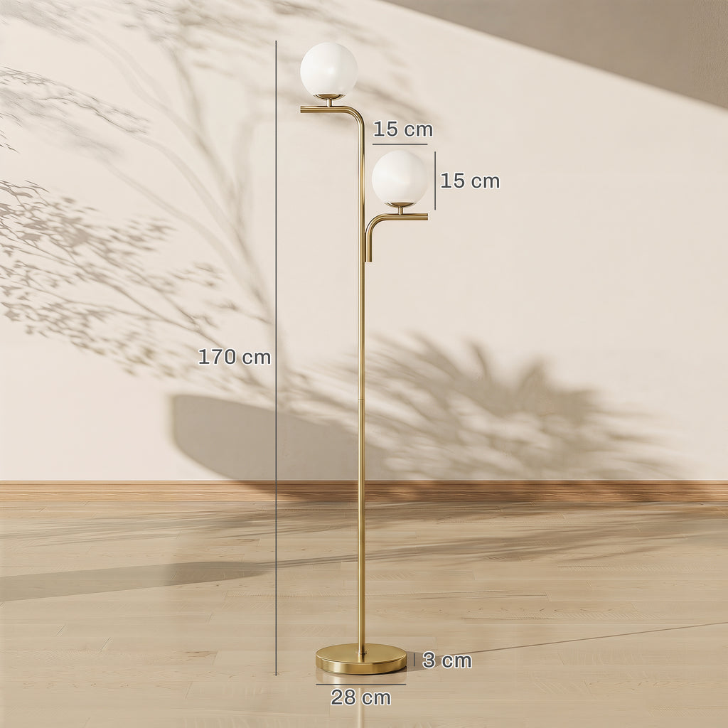 Lampadaire sur Pied Salon à Double Tête, Lampe sur Pied avec 3 Températures de Lumière, Abat-Jour en Verre, Doré