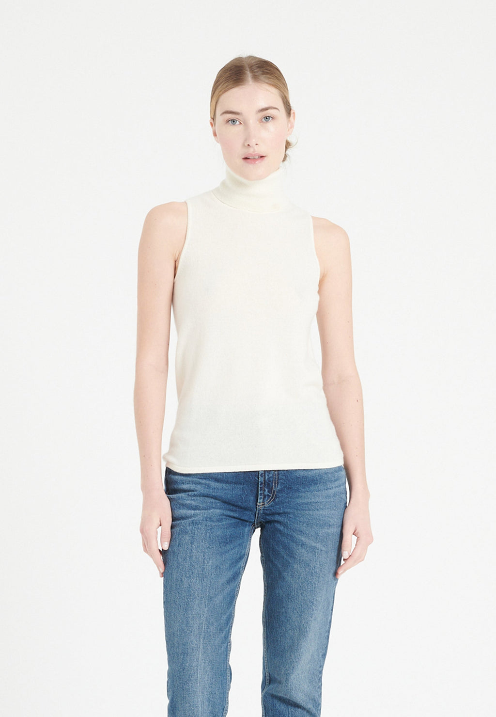Pull col roulé sans manches femme en cachemire blanc écru - LILLY 13