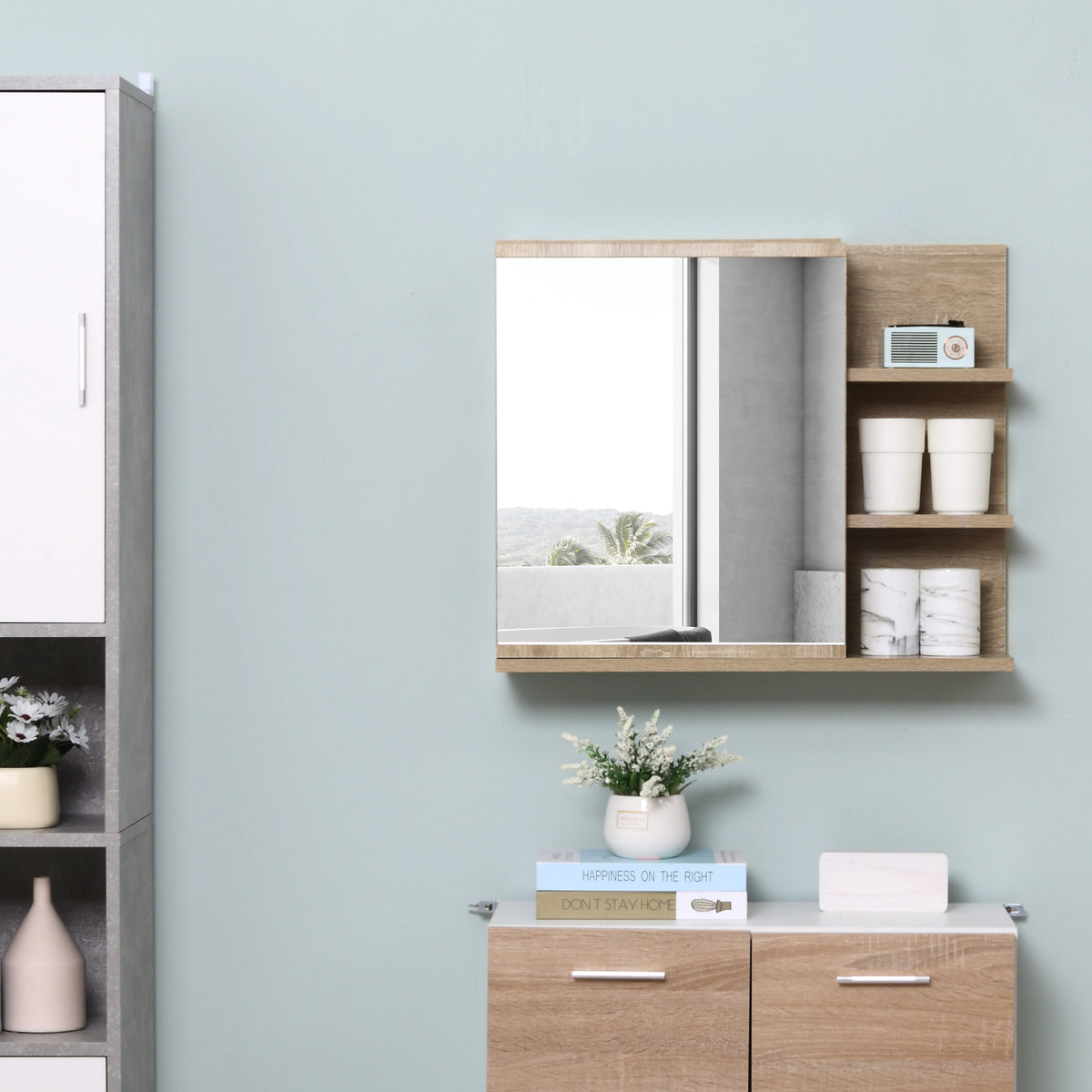 Armoire Miroir de Salle de Bain avec étagère - 3 étagères latérales - kit Installation Murale fourni - Panneaux Particules Aspect chêne Clair