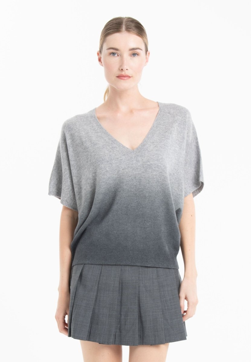 Pull col V manches chauve-souris femme en cachemire tie & dye gris clair & gris anthracite - RIA 7B